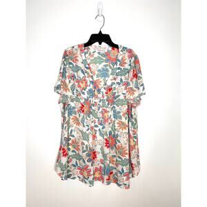 Rose+Olive Floral Leaf Tunic Top Sz 1X Pintuck Babydoll Boho